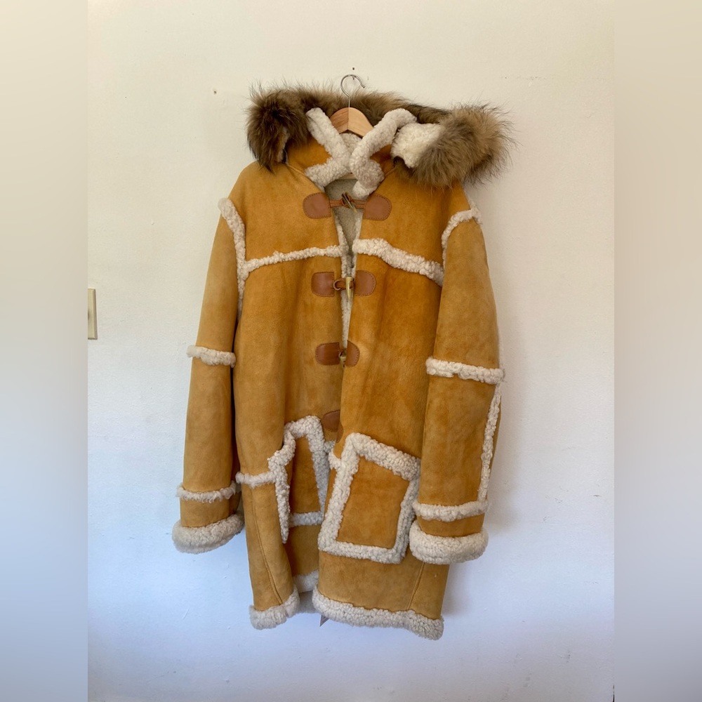 Jakewood Men's Tan Old School Suede Shearling Toggled Coat Raccoon Hood 2XL 4100